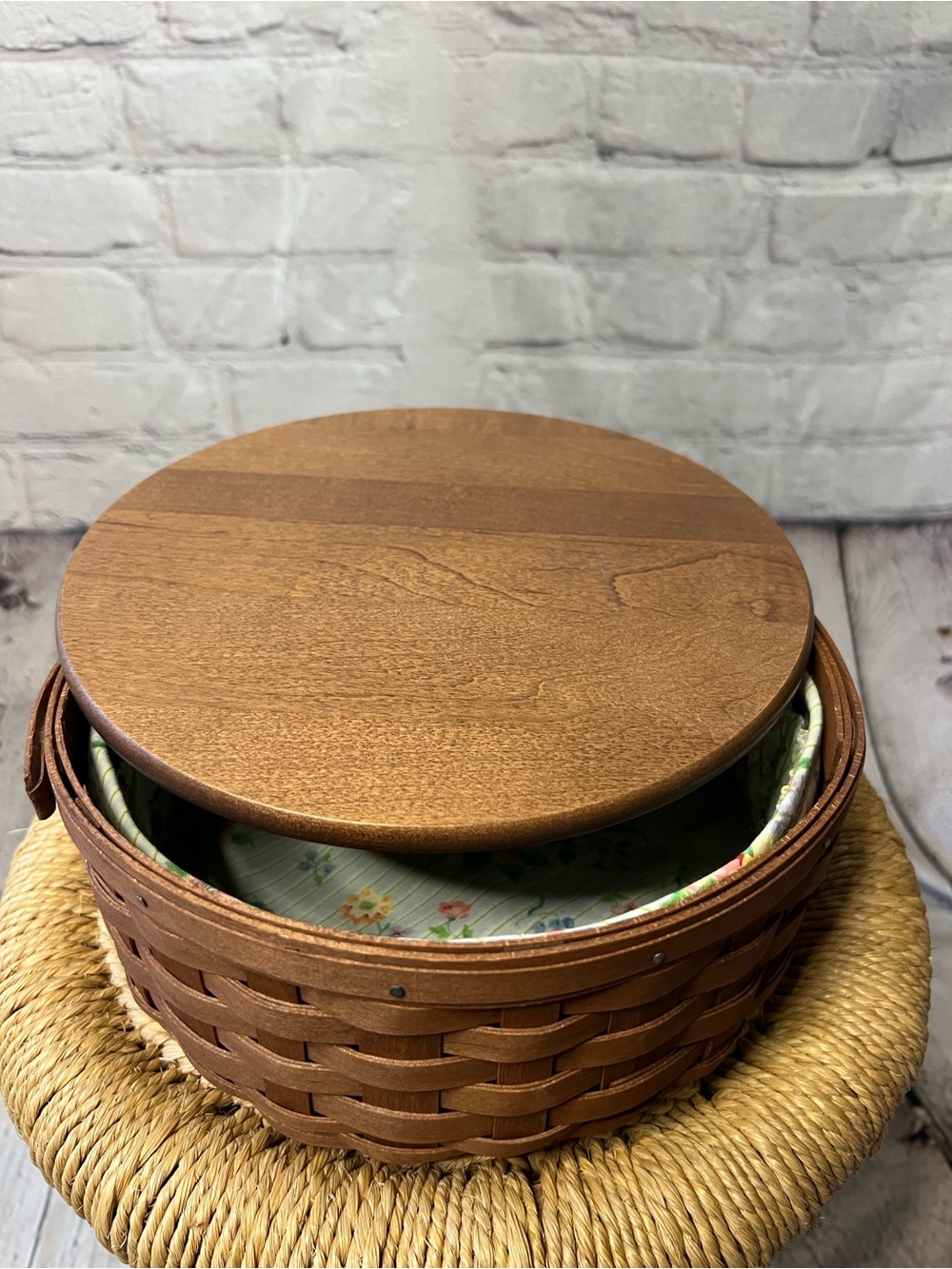 Longaberger Round Keeping Basket with Wood Lid & Floral Fabric Liner